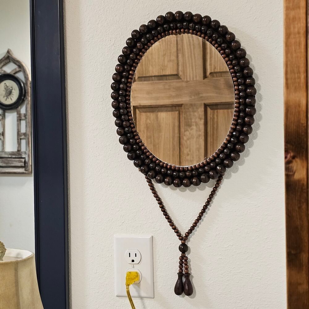 Boho Wooden Beaded Oval Hanging Mirror Tassel Retro 1970s Wall Decor
